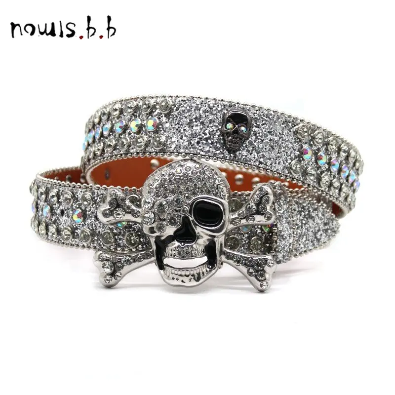 

NOWISBB Western Skull Rhinestone Belts for Women Luxury Diamond Strap Cowgirl Cowboy Bling Crystal Pin Buckle Studded Mens Belts