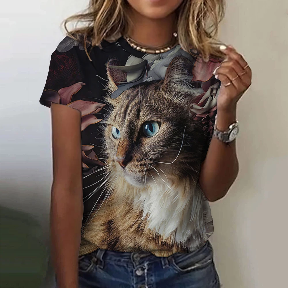 

2023 New Women's Cute Cat Pattern Printed T-shirt Summer Street Casual Short Sleeve Round Neck Top T-shirt Clothing