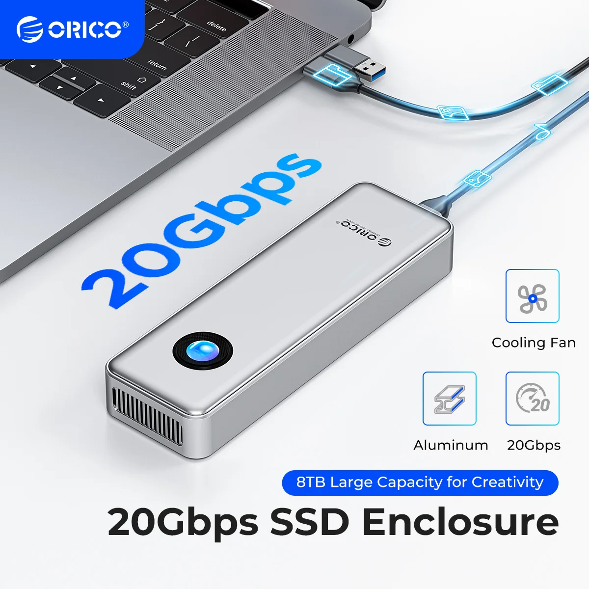 ORICO 20Gbps NVME Enclosure Case 8TB Cooling Fan USB 3.2 Gen 2 x 2 PCIE NVME Adapter Tool Free RGB for PCIe M Key external hard drive case,ssd enclosure,hard drive enclosure,hard disk case,external hard drive box,hdd case enclosure,hard drive adapter,ssd adapter