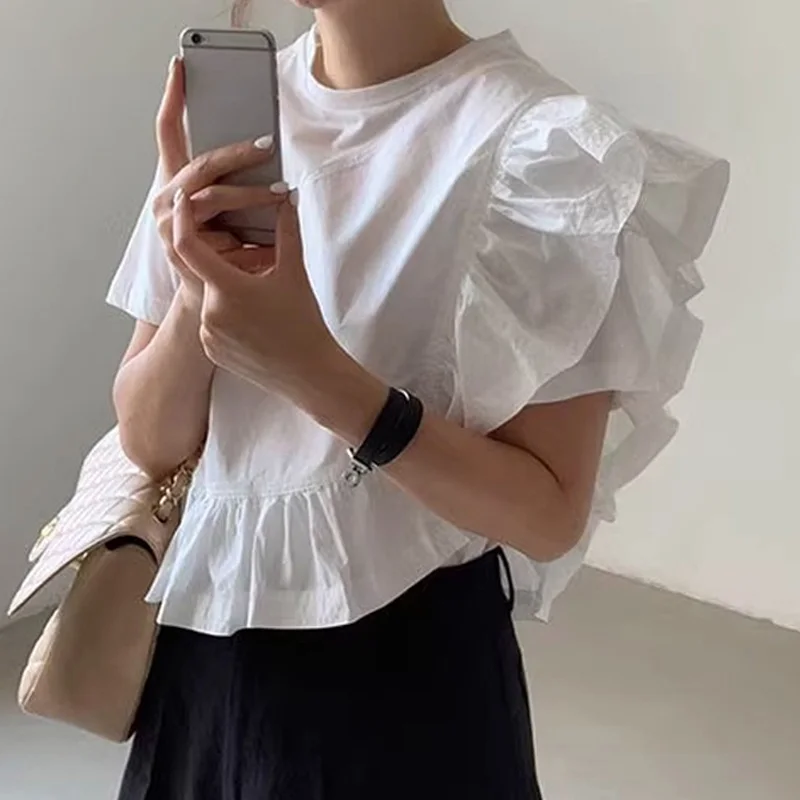 

Summer Blouse Women O Neck Loose Casual Short Sleeve White Tops Korean Fashion Elegant Short Shirt Irregular Design Ruffle 27815