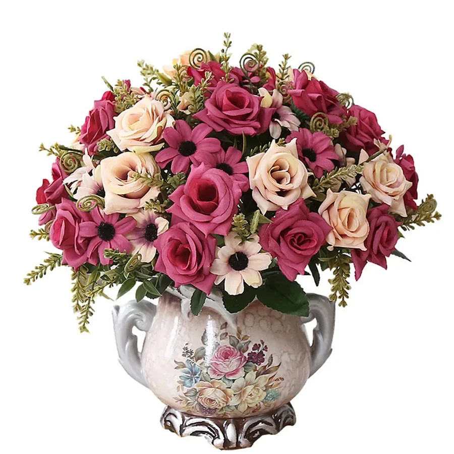 Silk Rose Artificial Flowers Bouquet for Home Wedding Decor
