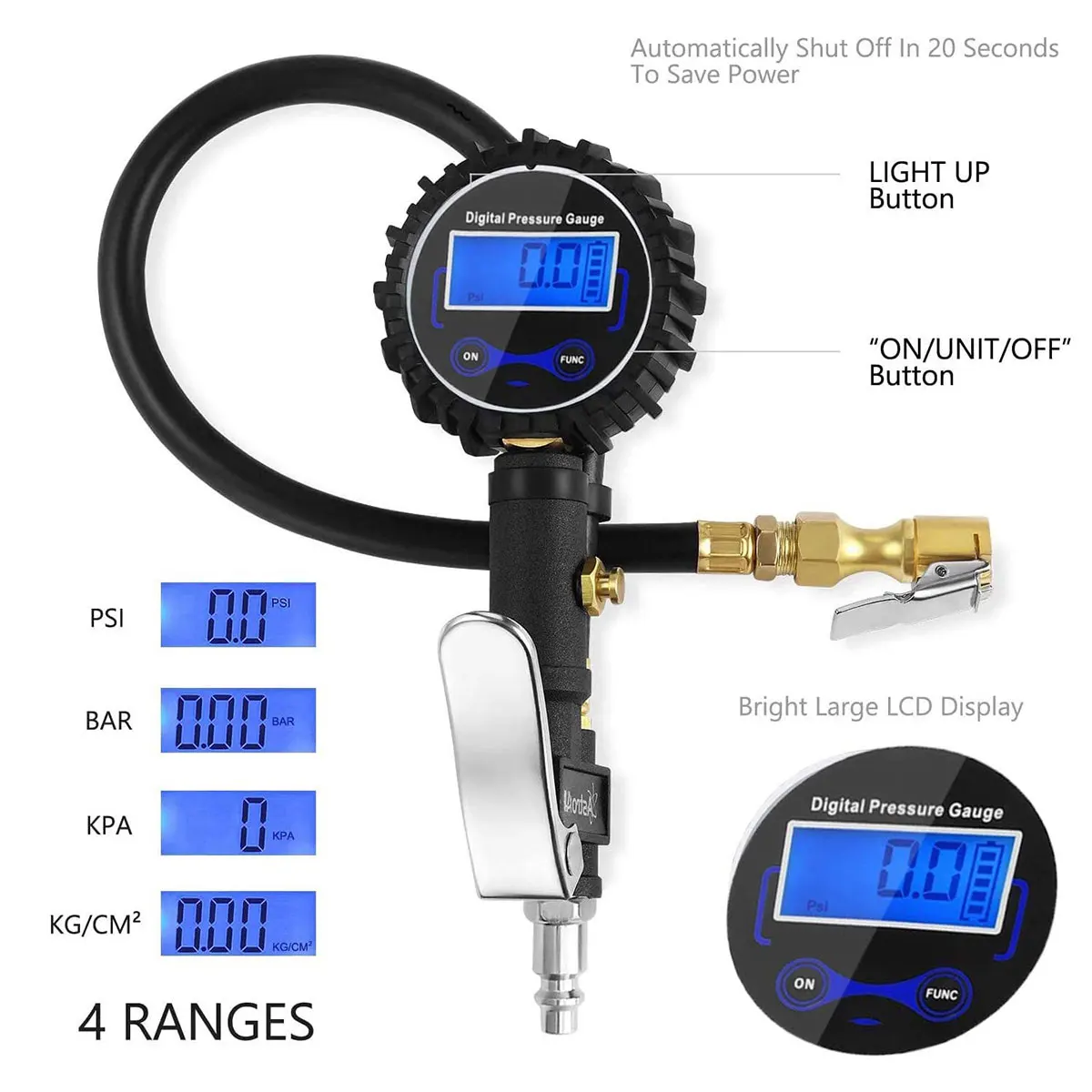 Dial Size Digital Pressure Gauge LCD Backlight Quick Connect Coupler 3-200 PSI Tire Inflator Air Chuck Compressor Accessories 3