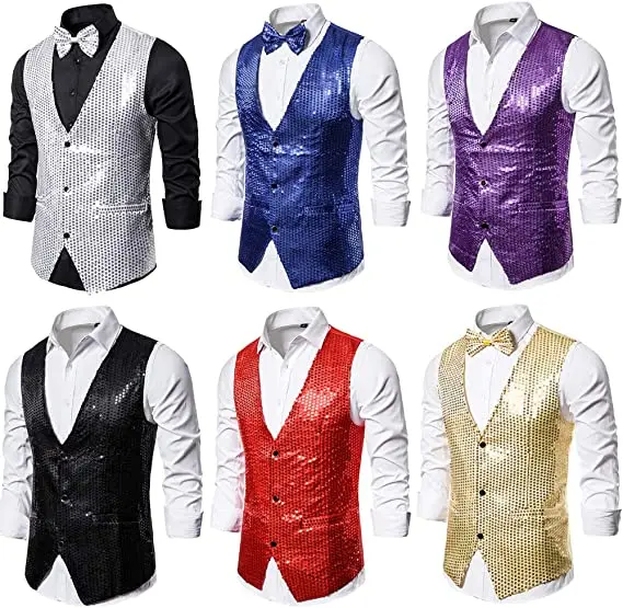Fashionable Vests Sleeveless Vests Sleeveless Vest Male Sequin Blazer Button Waistcoat Vest Bow Tie Men's Business Evening Wedding Party Glitter Sleeveless Slim Vest