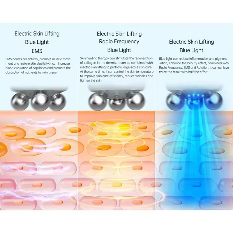5 Level RF Facial Lifting Micro-current Anti-aging Beauty Device LED Blue Light Skincare 360 Degree Rotary Massager T6