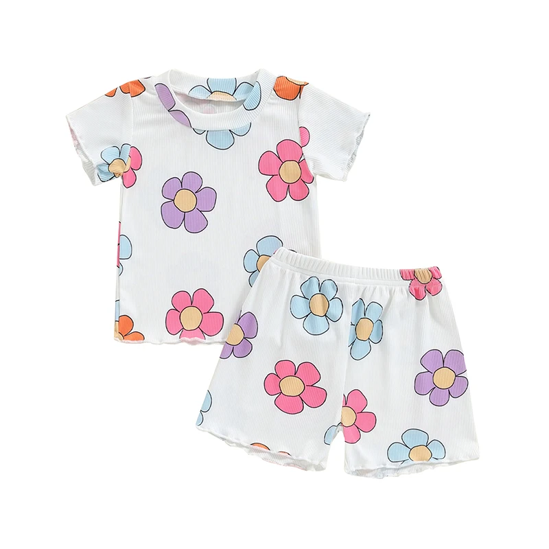 

Шорты с цветочным принтом для маленьких девочек, комплект из топа в рубчик с коротким рукавом и круглым вырезом, наряды с эластичным поясом, 2T, 3T, 4T