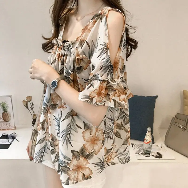 Sweet French Style Off Shoulder Shirt Stylish Floral Printed Female Drawstring 2023 Summer Elegant Ruffles Spliced V-Neck Blouse