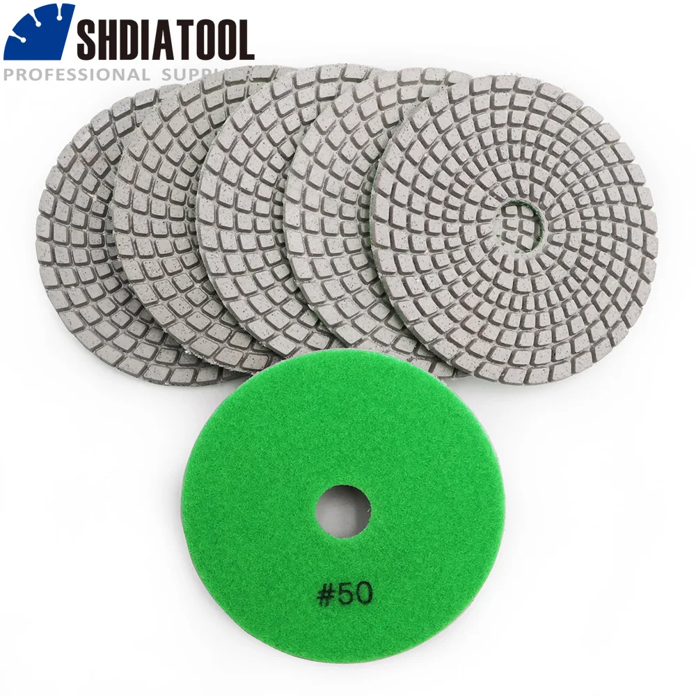 SHDIATOOL 6pcs 4 Diamond Wet Flexible Polishing Pads #50 100mm White Resin Bond Sanding Disc for Granite Stone Marble shdiatool 7pcs 4 3000 diamond wet flexible polishing pads for granite stone marble 100mm white bond sanding disc