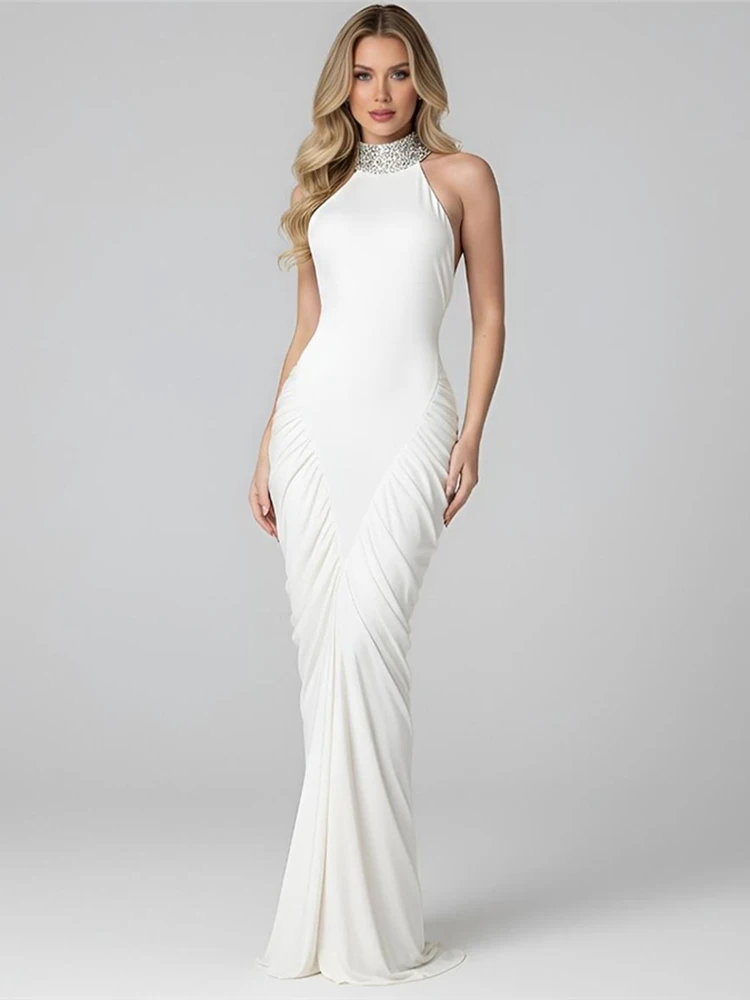 Nibber Button Stripe Turtleneck Maxi Dress Women Backless Folds High Split Sleeveless Elegant Fashion Banquet Chic Vestidos