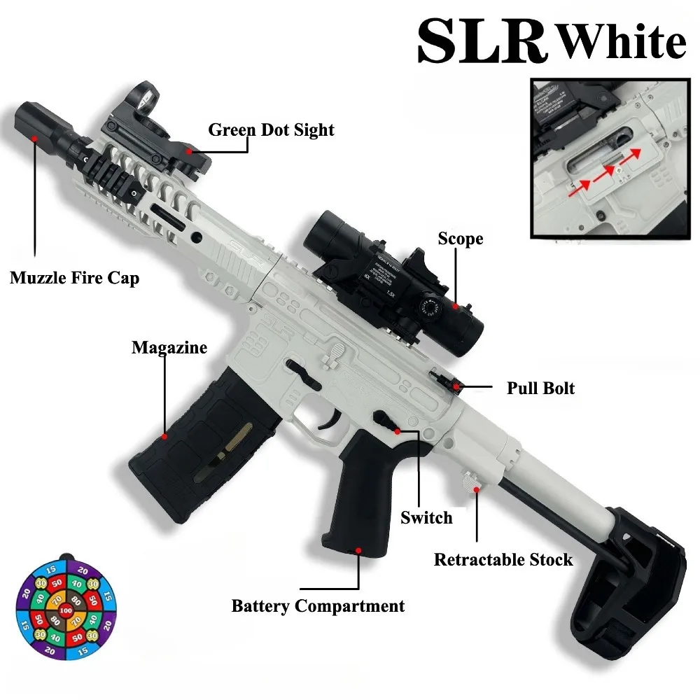 프리미엄 화이트 SLR 전동 장난감 라이플 (스코프 포함) 전술 젤 블래스터, 야외 슈팅 게임 애호가를 위한 훌륭한 생일 선물