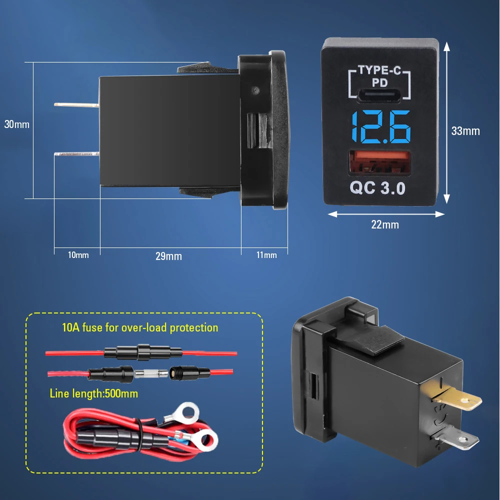 Car Charger Socket Dual USB Fast with Voltage Display