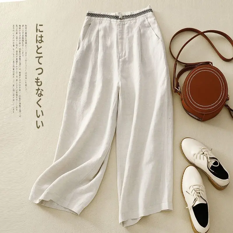 Thin Style Cropped Pants Cotton and Linen Female Elastic Waist Casual Solid Color Loose Summer Multiple Colour Wide Leg Pants