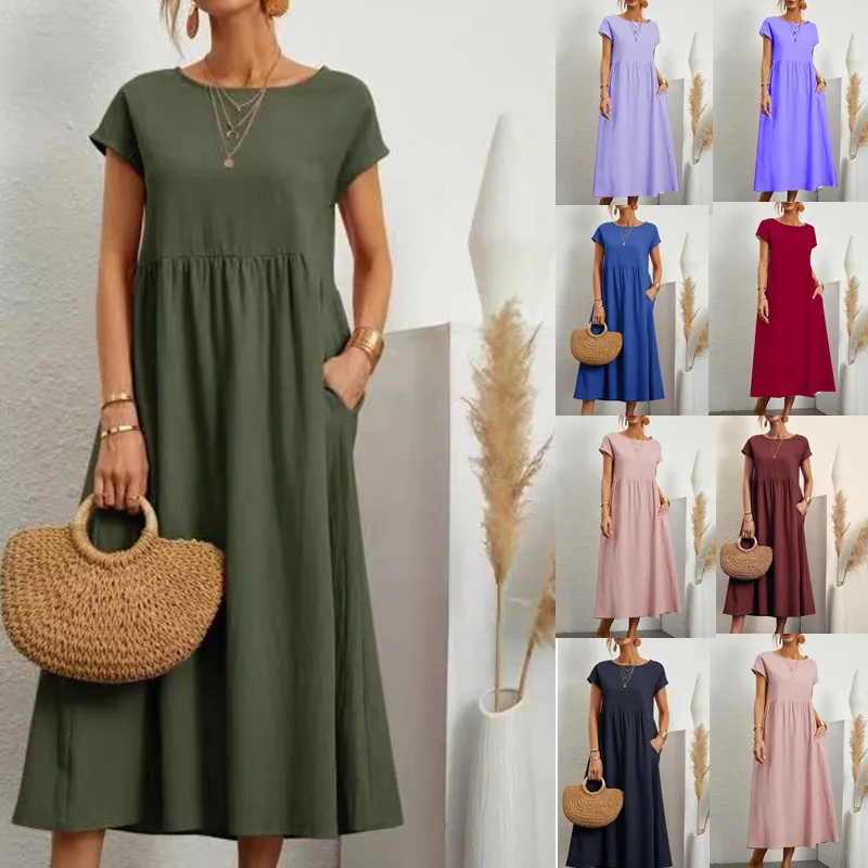 Women Dress Women Elegant Solid Dresses Summer Casual O Neck Short Sleeve Cotton Sundress Vintage Loose Pockets Y2K Long Dress Vestidos Robe