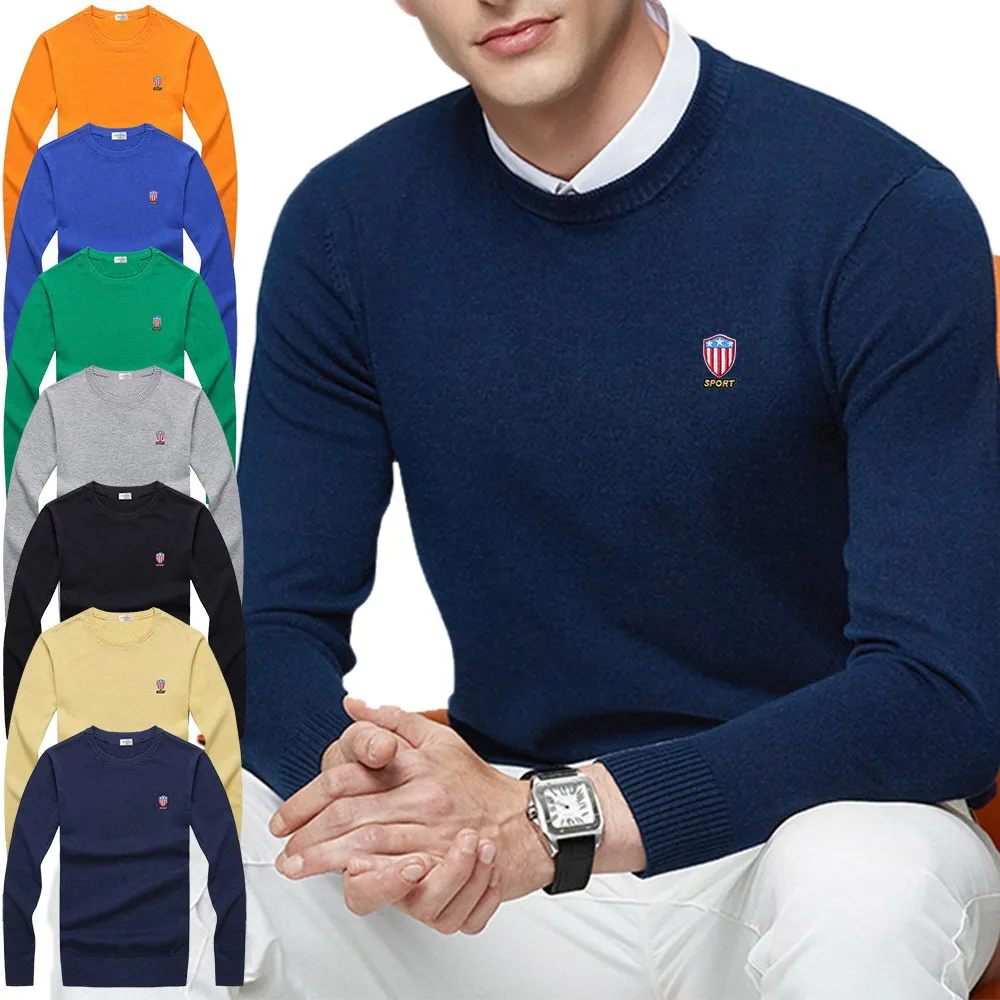 

New Men Spring Sweater Pullover Solid Casual PATCH Embroidery Slim Fit 100%Cotton O-Neck Long Sleeve Jumper Sweaters Tops P8507