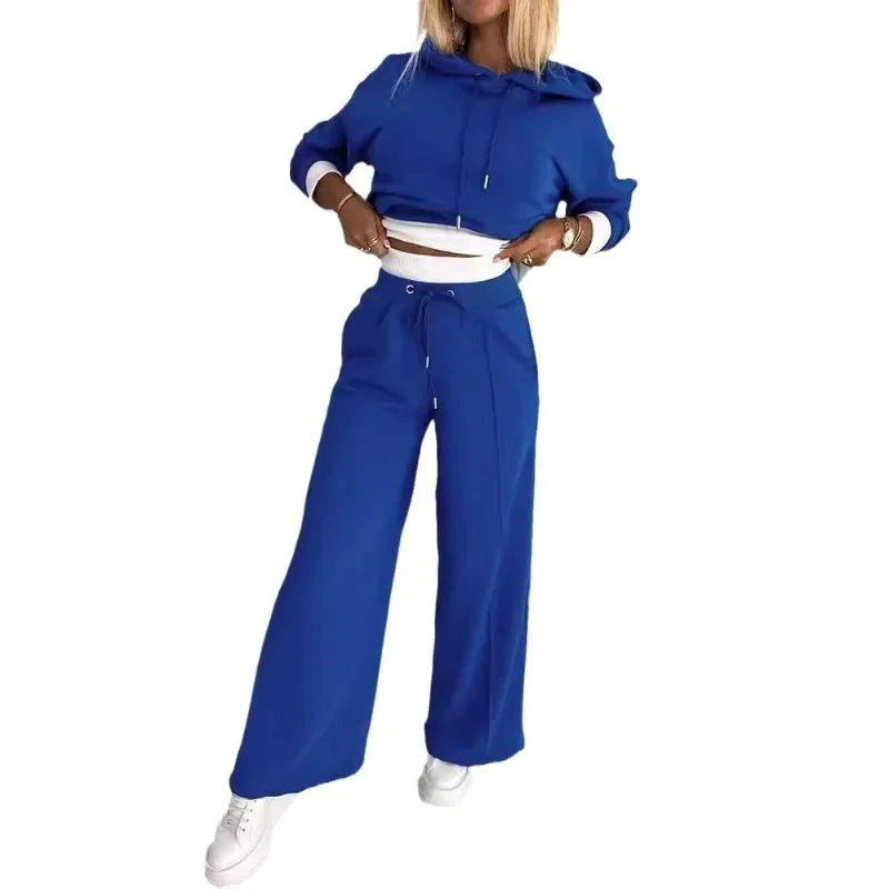 2024 Spring Autumn New Loose Sports Suit Women Long Sleeve Hooded Sweatshirt Drawstring High Waist Pocket Wide Leg Pants Suit 5