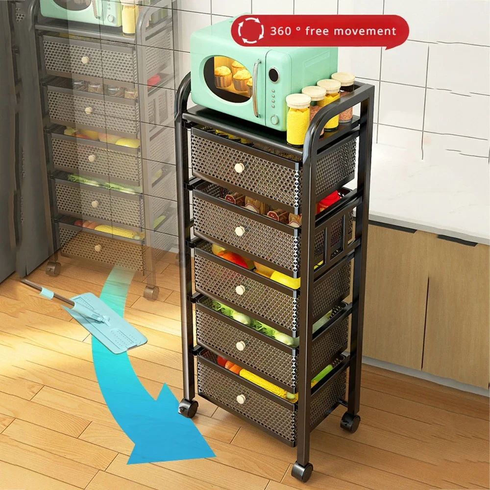 Kitchen Trolley With Basket Kitchen Storage Rack And Hand Pull-Out Layered Trolley Floor-To-Ceiling Multi-Layer Storage Rack