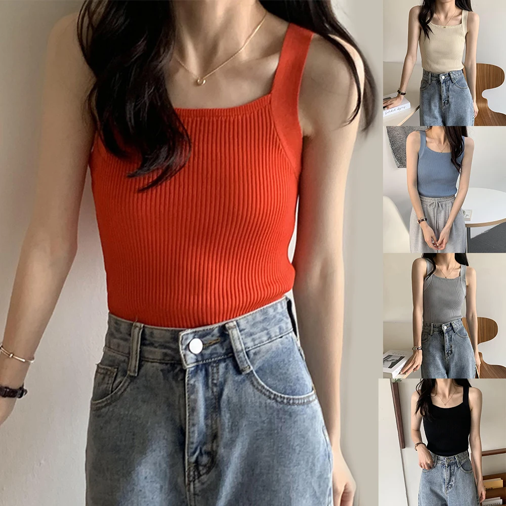 

Women Solid Knitted Tank Top Camisole Women Summer Basic Elastic Tank Top Sleeveless Casual Camisole