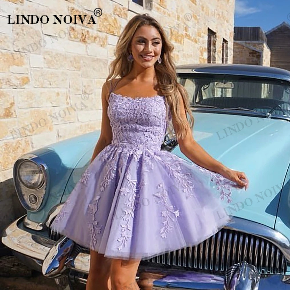 LINDO NOIVA Lilac A Line Short Homecoming Gown Scoop Lace Appliques Sweet Prom Dresses Above Knee Spaghetti Straps Mini Dress