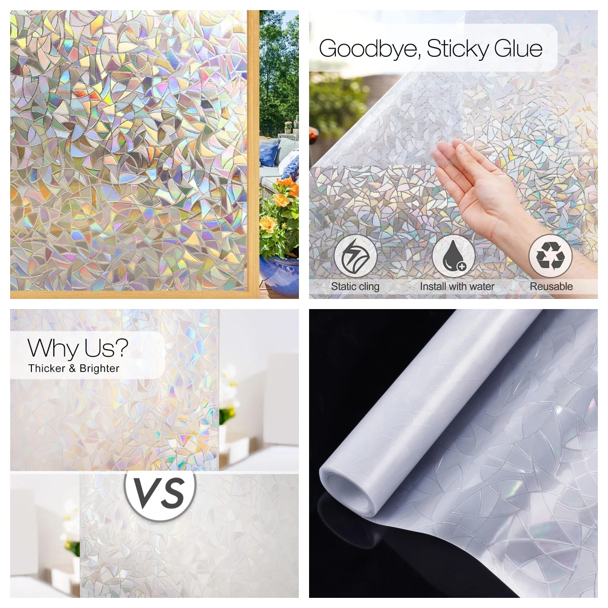 Wide 75/90 cm 3D Vinyl Window Privacy Film, Heat Insulation Rainbow Window Films, UV Protection Decorative Glass Stickers