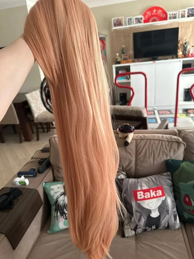 Hochwertige Anime Makima Power Cosplay Perücke Lange Orange Rosa Hitzebeständige Kunsthaar Party Rollenspiel Perücken + WigCap + Hörner – Detail 15