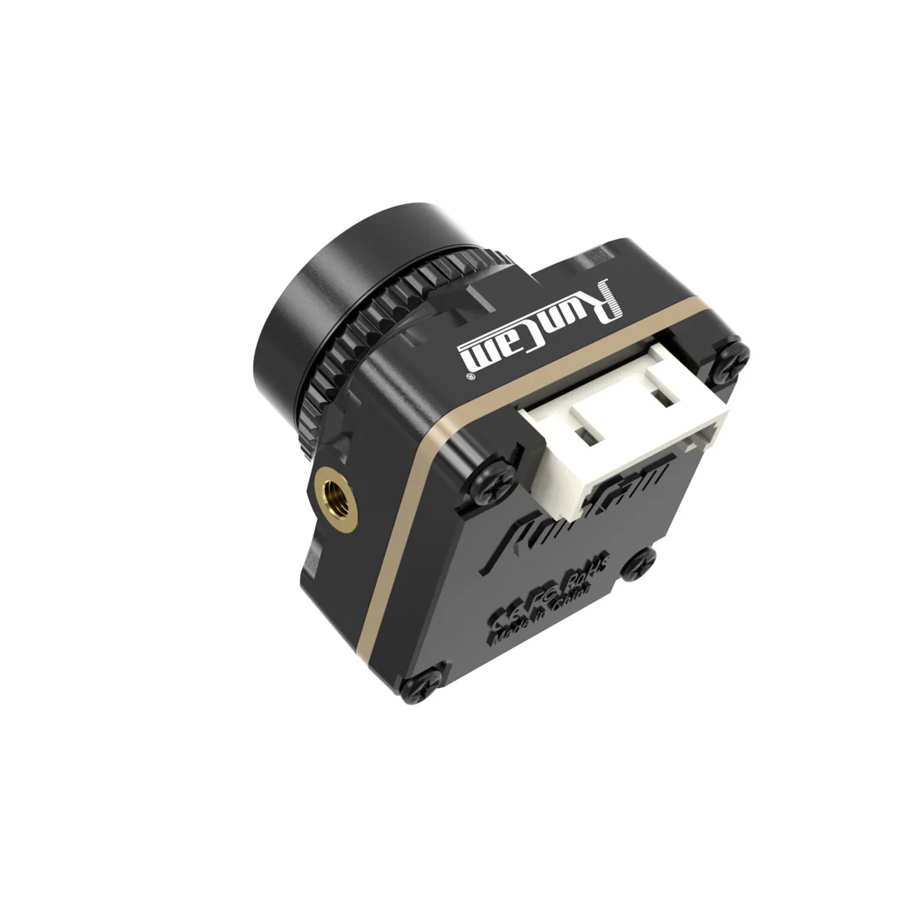 La RunCam Robin 3 1200TVL FPV caméra nano 5.3g fixée sur un cadre de drone de course RC, câbles connectés.