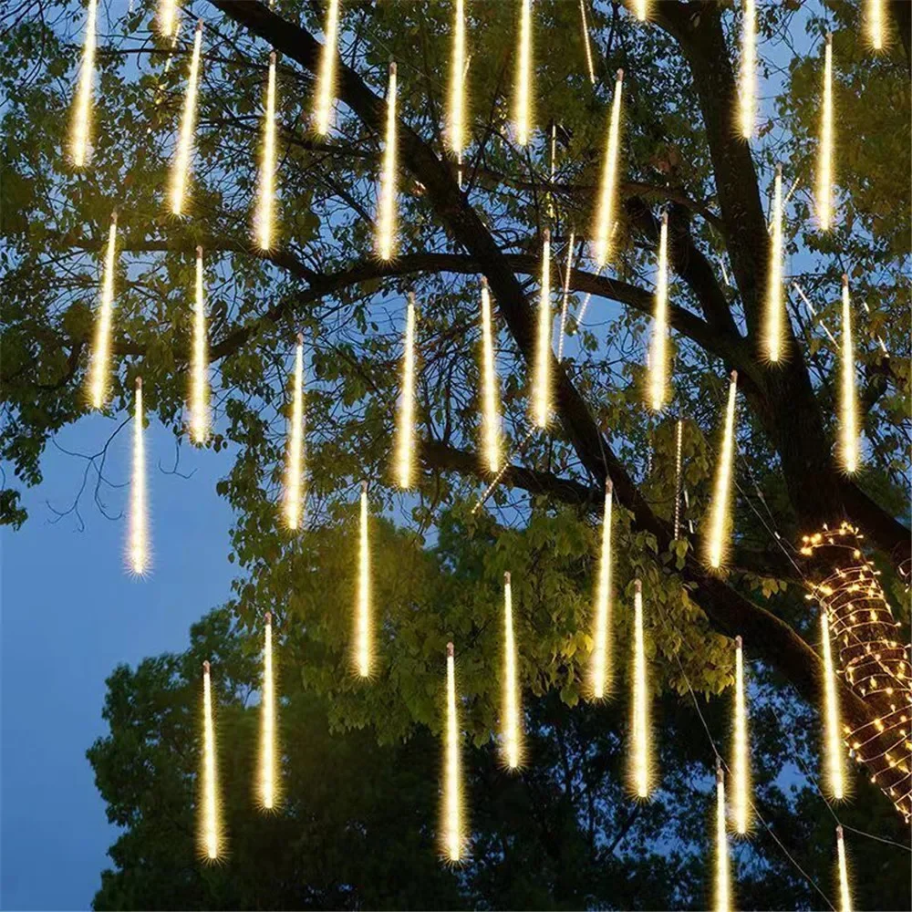 thumbnail image 1 of Juego de 4/3/2/1 luces LED de cadena con forma de lluvia de meteoritos con enchufe UE/EE. UU., para decoración de árboles de Navidad al aire libre, bodas, cumpleaños, 1 of 5