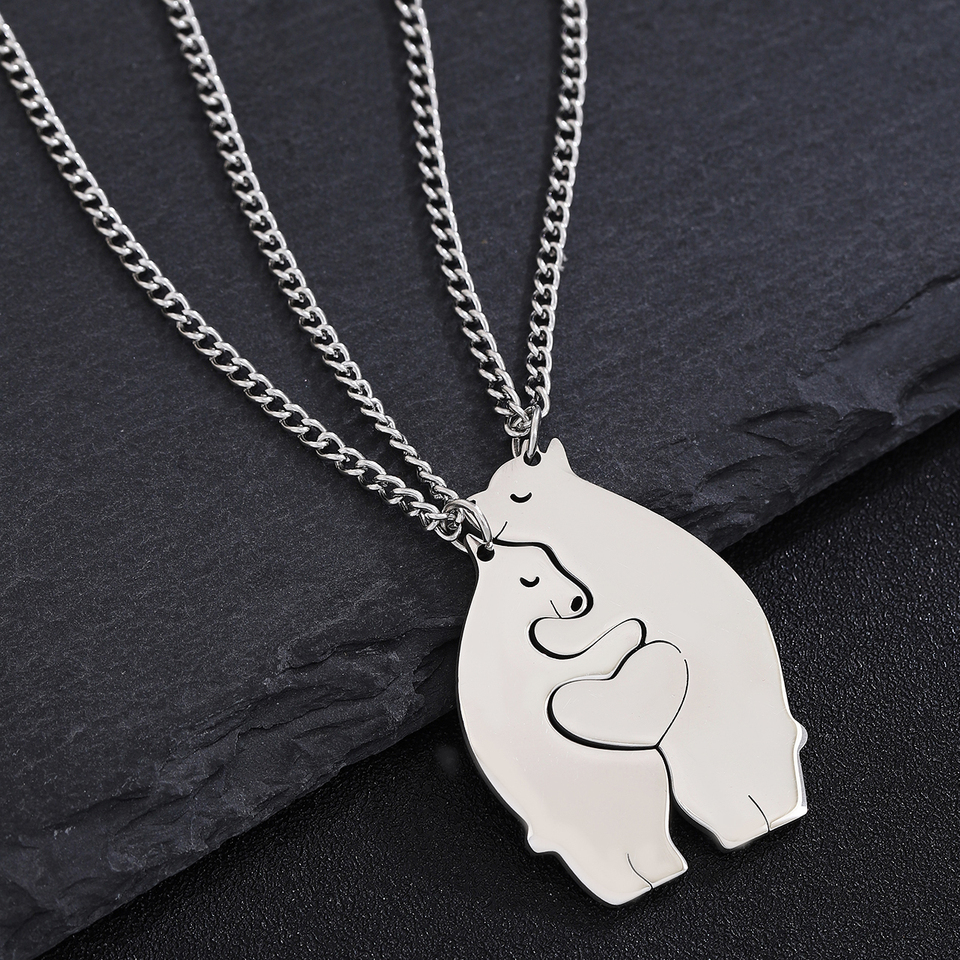 Polar Bear Heart Shaped Splicing Pendant Necklace For Women and men Stainless Steel Matching Silver Chain Couple Jewelry Gift