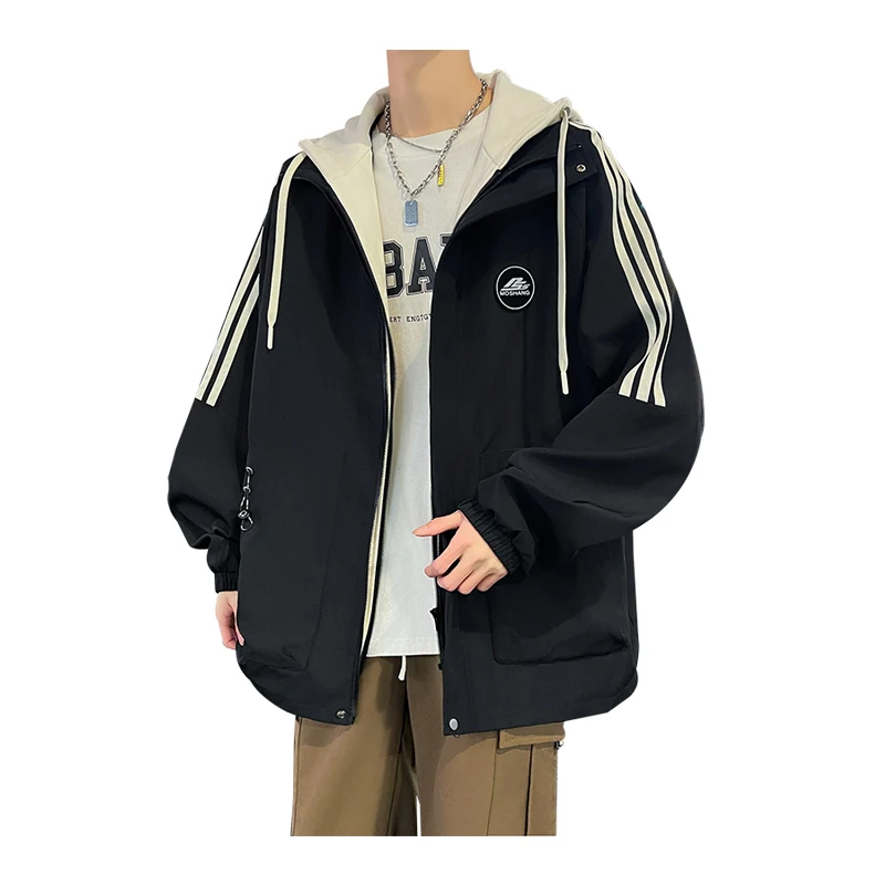 New men's loose jacket, hooded jacket, spring and autumn outdoor hiking fashion stripe casual men's top