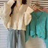 خواتین کے نرم میٹھے کارڈیگن سویٹر آرام دہ اور پرسکون سست ہوا ڈھیلا خوبصورت بنا ہوا کوٹ فیشن V گردن پریپی اسٹائل شارٹ ٹاپس