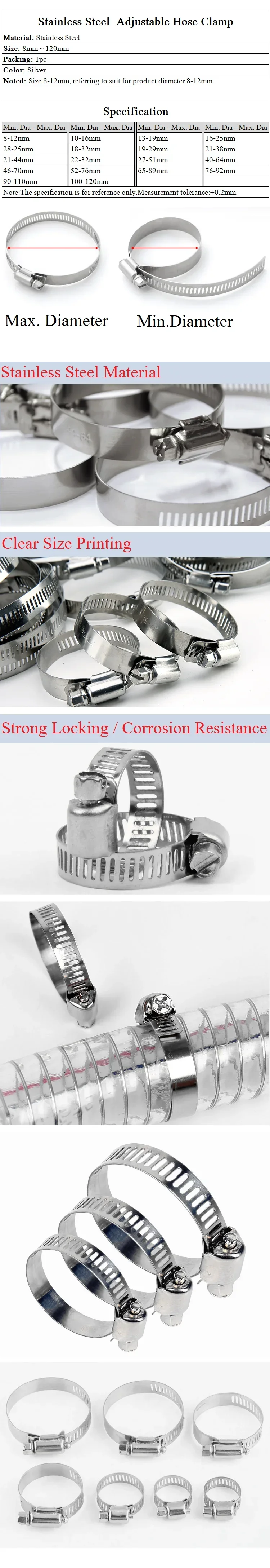 Description Picture 2 of item8mm ~ 120mm Stainless Steel Drive Hose Clamps Adjustable Tri Gear Worm Fuel Tube Water Pipe  Fixed Clip Spring Cramps