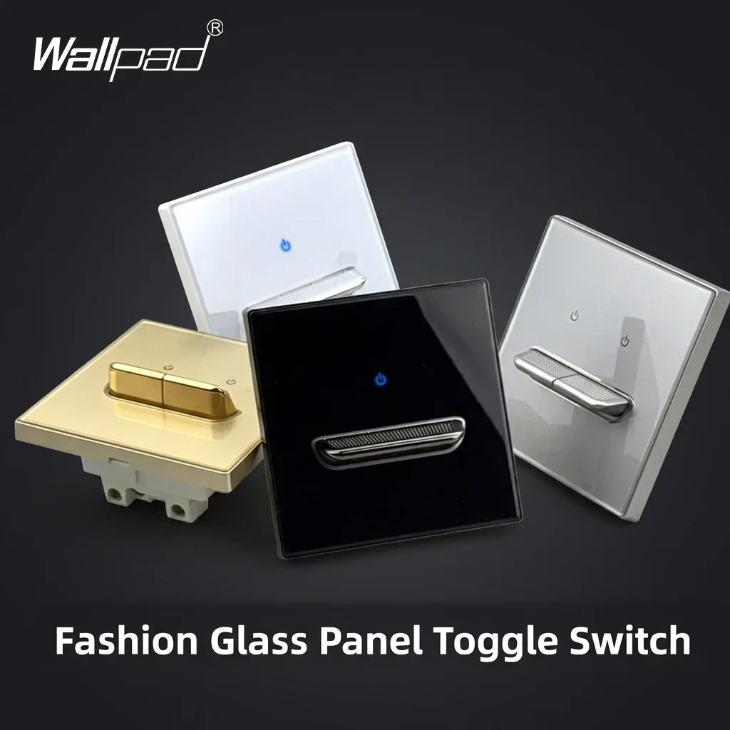 Wall Light Switch Chrome Toggle Press Button Tempered Glass Plate Blue LED Light 1 2 3 4 Gang White Black Gray Gold