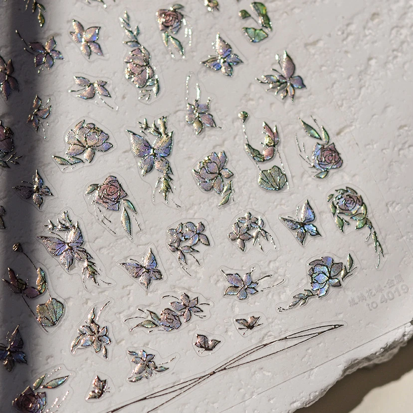 반짝이는 연꽃 다채로운 나비 레트로 중국 스타일 크레인 선풍기 대나무 릴리프 셀프 접착 네일 아트 스티커, 매니큐어 데칼