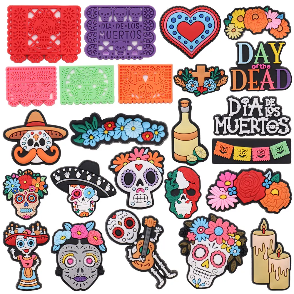 

Mix 50PCS PVC Croc Charms Skulls Candles Graves Flowers Heart Wine Dead Day Garden Shoes Ornaments Decorations for Bands