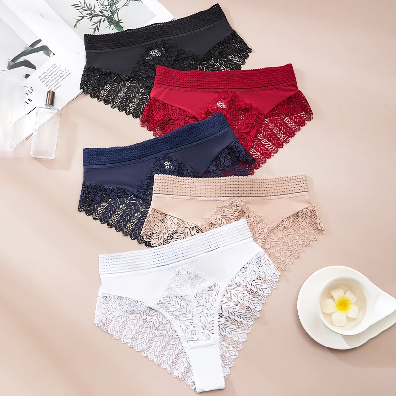 5pcs Solid Color Lace High Waist Sheer Triangle Panties Women's Underwear