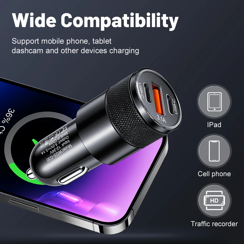 3.1A PD Car Charger USB Type C Fast Charging Car Phone Charger Adapter for iPhone Xiaomi Samsung Quick