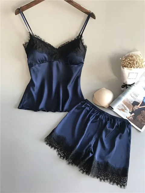 Vêtements de nuit d'été femmes pyjama costume mode col en v Stretch Satin nuisette dentelle Sexy Lingerie pyjamas sommeil ensemble short et haut