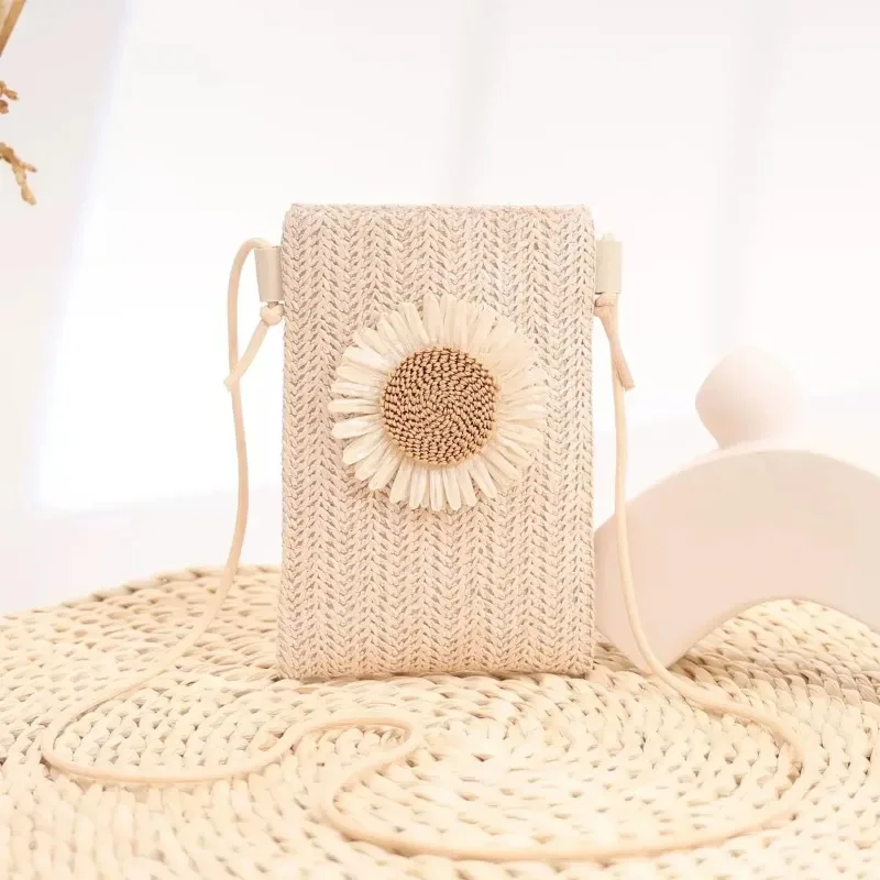 Stylish Straw Weaving Phone Bags for Women's Girls Chic Cross Body Bag, Paired with White Flowers Single Weave Mini Shoulder Bag