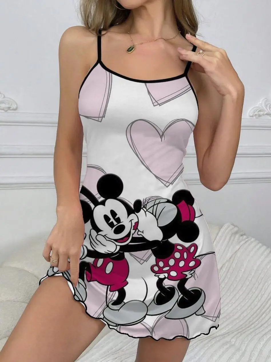 

Disney Slip Dress Fashion Summer Dresses 2024 Elegant Chic Dress Lettuce Trim Minnie Mouse Crew Neck Women Mini Sexy Trim Neck