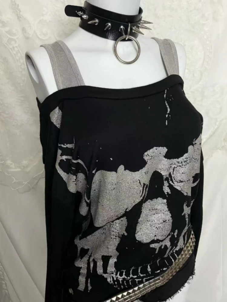 Y2k Fake Two Pieces Vintage Tops Streetwear Slash Neck Skull Print Off Shoulder Gothic Punk Tshirts Women Grunge Harajuku Tees 3