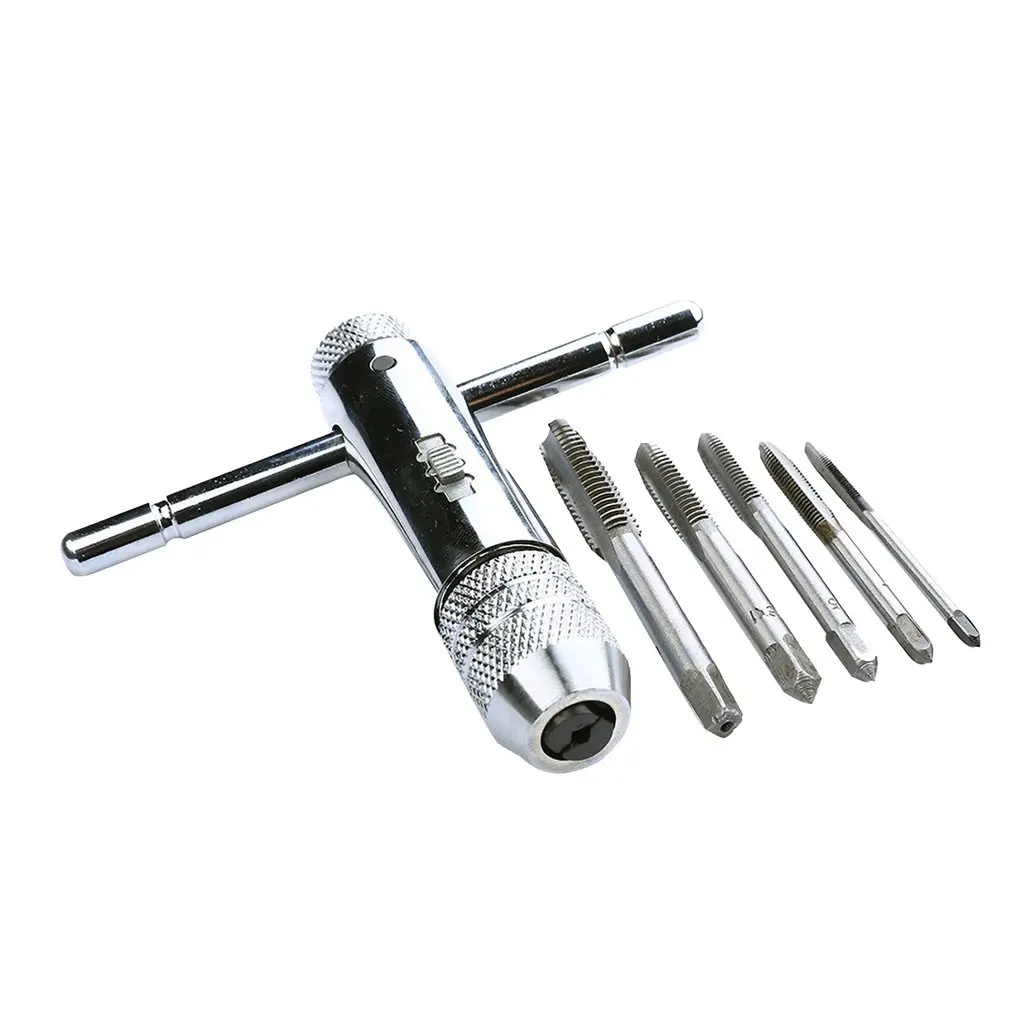 

Adjustable T-Handle Ratchet Tap Wrench Machinist Tool with 5pcs M3-M8 3mm-8mm Machine Screw Thread Metric Plug T-shaped Tap