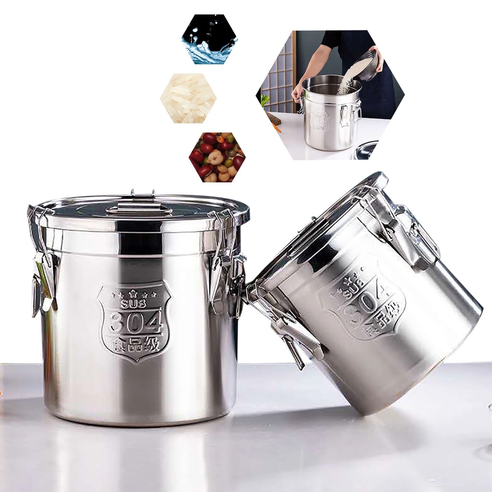 Contenitore Eremetico In Acciaio Inox 304 – 6/12 Litri, Per Riso, Farina, Cereali, Olio E Alimenti Secchi – Chiusura A Morsetto