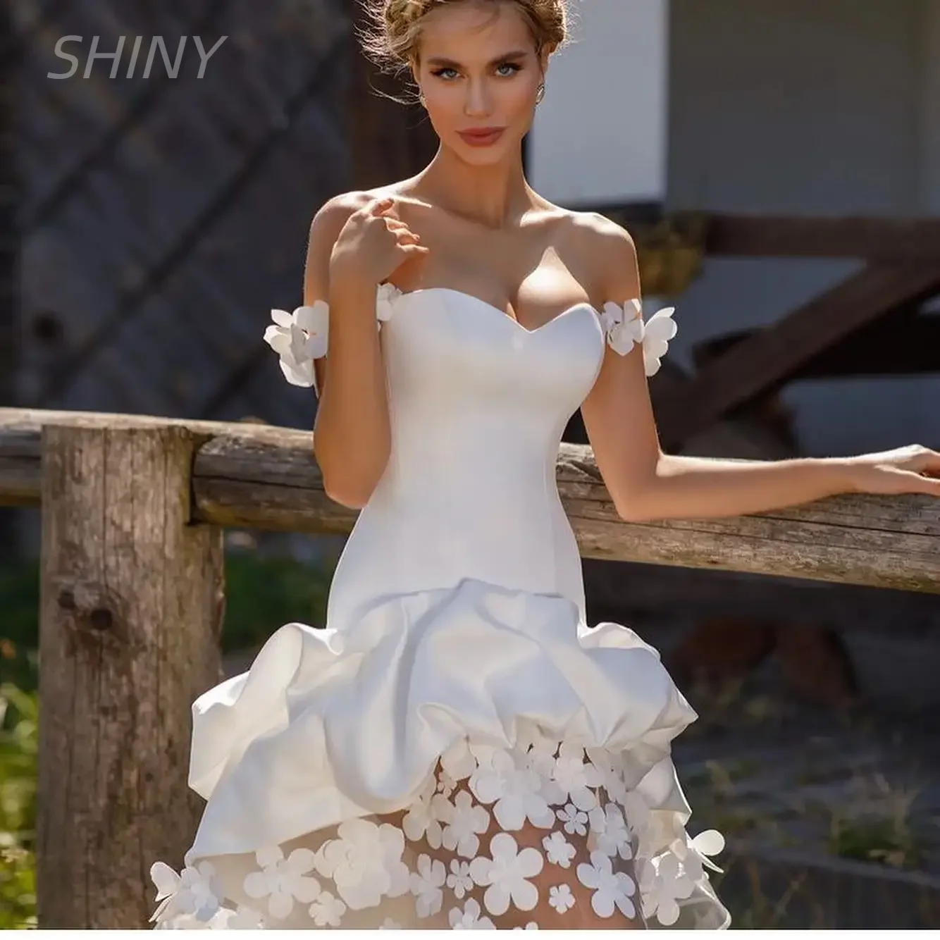 

SHINY Women's Milk White Sexy Short Princess Strapless Off Shoulder Backless 3D Flower Lace Satin Bubble Cocktail Ball Party