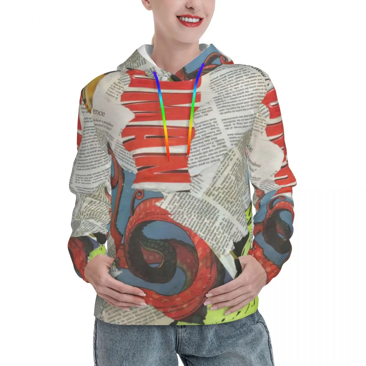 

Эффектные повседневные толстовки унисекс с принтом газеты и коллажей, винтажный пуловер с надписью в эстетическом стиле, осенняя уличная одежда, свитшоты