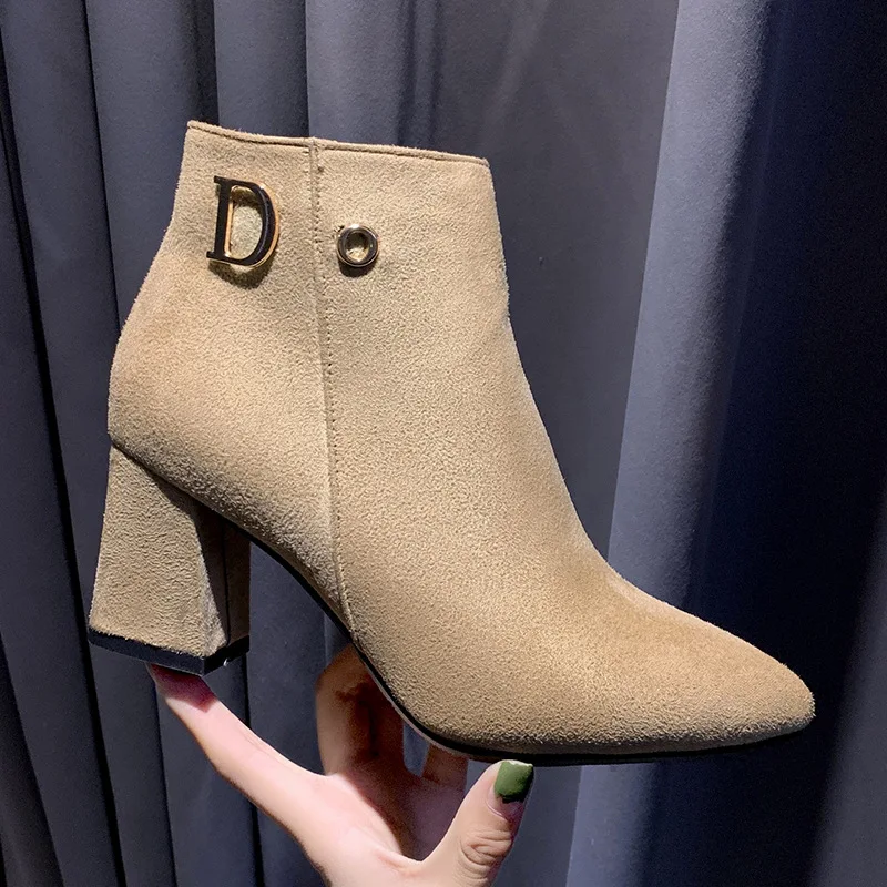 Autumn Winter New Womens Ankle Boots Thick Heel Pointed Toe Short Boots Woman Suede Boots Fashion Large Size Ladies Casual Shoes