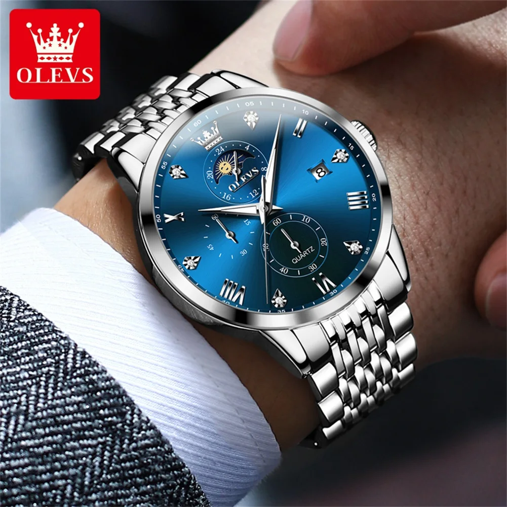 OLEVS 2925 Men's Watch Roman Scale Date Quartz Watch For Men Chronograph Moon Phase 24 Hours Display Male Wristwatch Waterproof