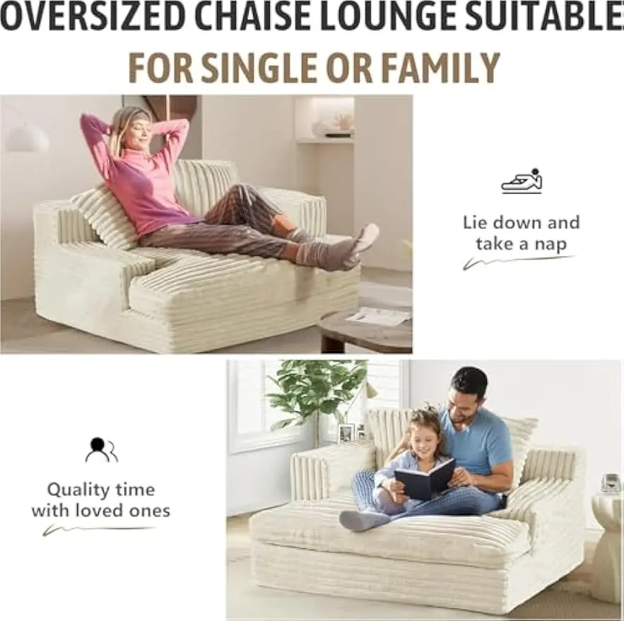 Chaise Lounge Chair, Oversized Chaise Lounge Sofa Upholstered Soft Short Plush Couch w/ 2 Throw Pillows, Easy to Install