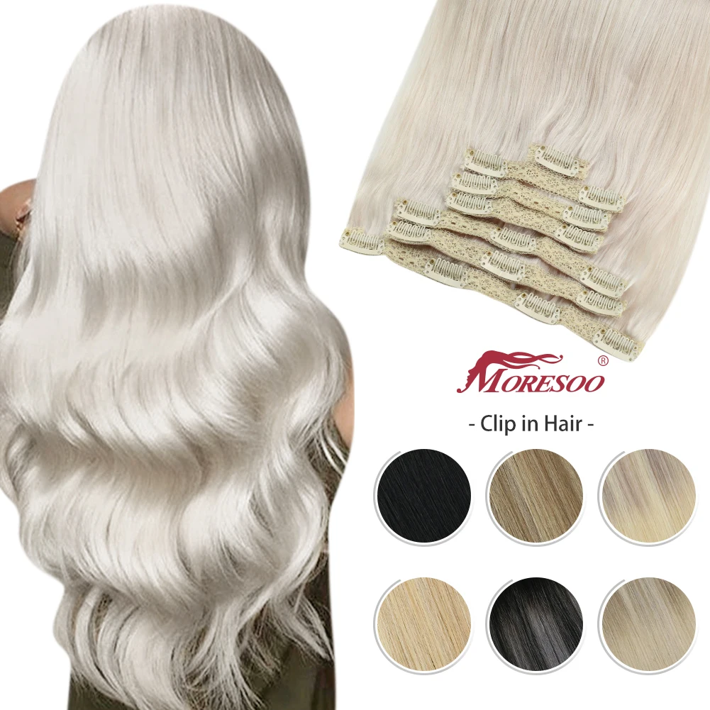 

Moresoo Clip in Human Hair Extensions Natural Machine Remy Silky Straight Double Weft Balayage Ombre Hair Clips Extensions
