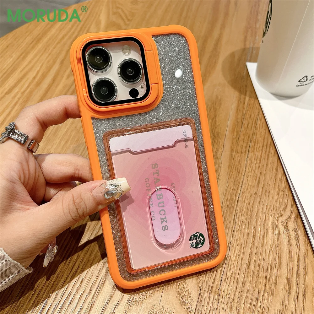 Shiny Card Bag Photo Clip Acrylic Case for iPhone 11 12 13 14 15 16 Pro Max Plus Soft Frame Flip Lens Glass Bracket Clear Cover