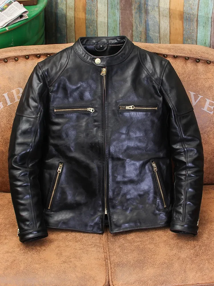 

YR!Free shipping.2023 Brand new Single Rider real jacket.Men Tea core horsehide coat.Vintage style leather Plus wear