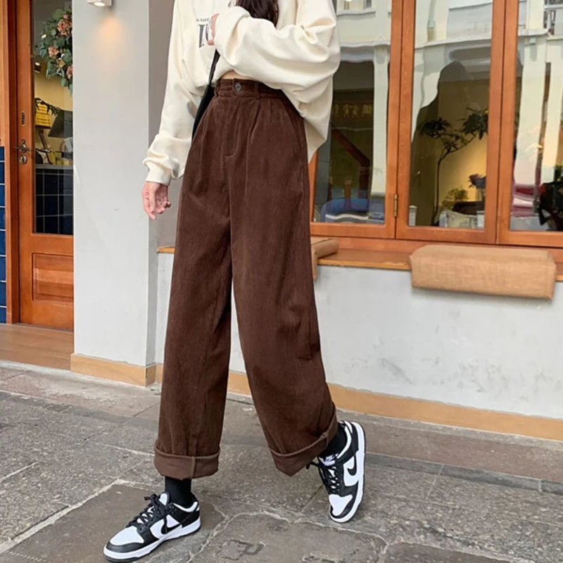 Women's Corduroy Pants Retro High Waist Brown Straight Leg Pants Women  Clothing Autumn Winter Casual Baggy Woman Trousers штаны - AliExpress