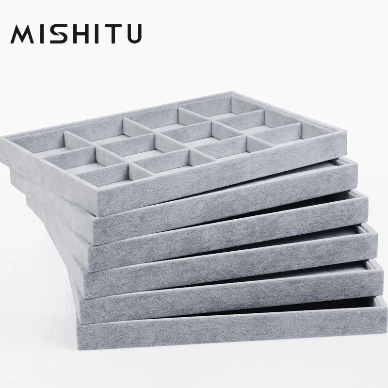 

MISHITU Gray Jewelry Storage Tray Ice Velvet Cloth Ring Earrings Necklace Display Tray 12/24 grids 35*24*3.3CM